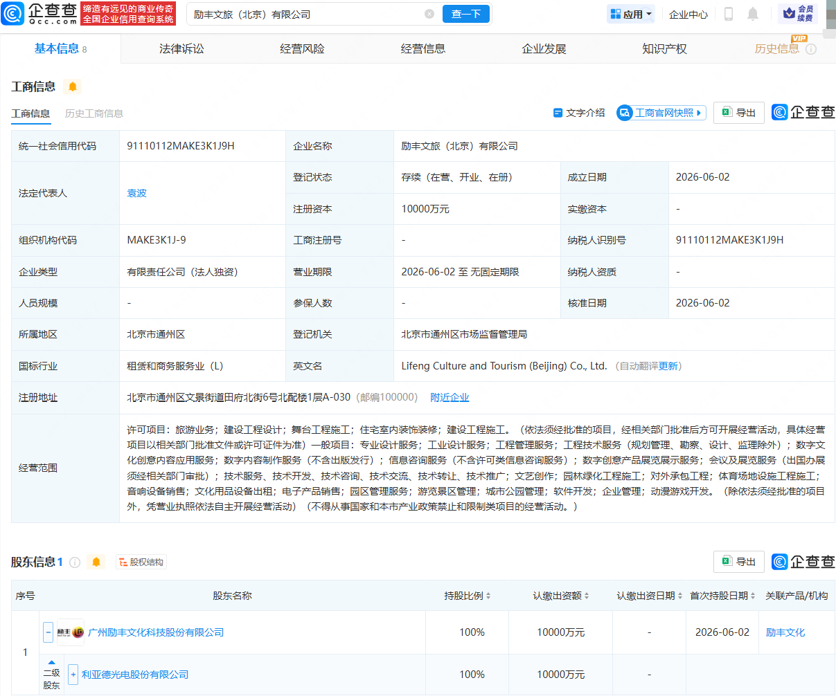 利亞德成立文旅公司 注冊資本1億元 經營范圍含用品設備出租